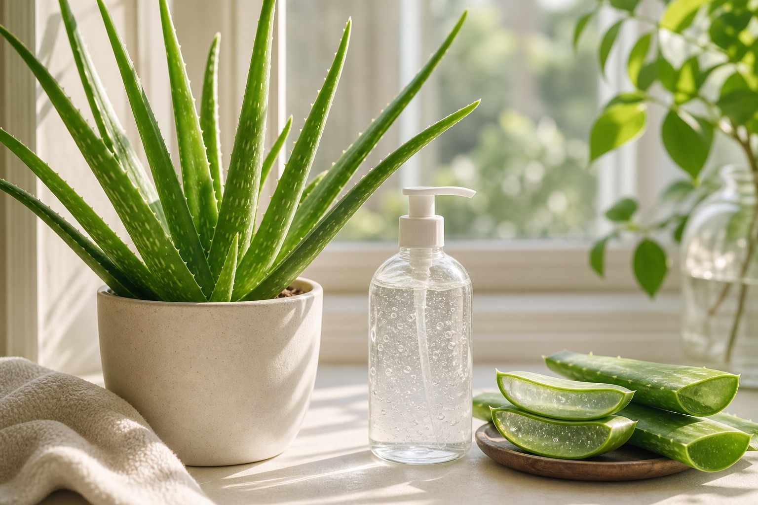Planta de aloe vera e ingredientes naturales